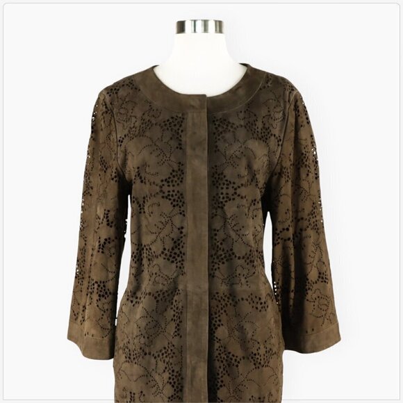 Jigsaw Suede 100% Leather Laser Cut Long Brown Olive Snap Front Coat Jacket M - Picture 3 of 7